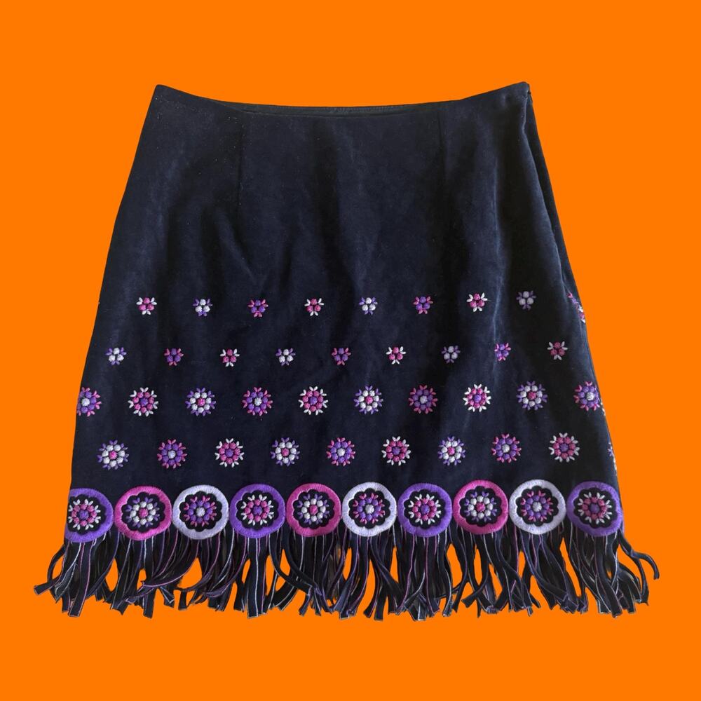 90's 00's vintage faux suede floral fringe boho y2k mini skirt Size 0 Anna Sui